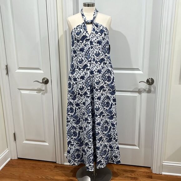 New! INC International Concepts Maxi Dress Blue Batik Pockets Halter Size Small - Picture 2 of 11